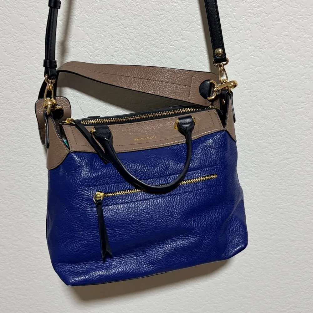 BCBGMaxAzria Navy and Brown Leather Double Handle Purse Crossbody Strap Satchel - Image 6