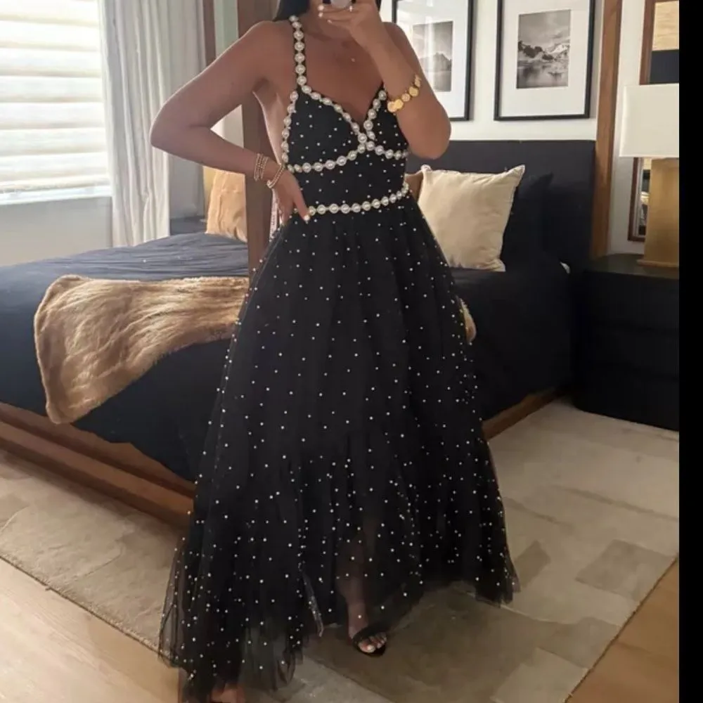 MAC DUGGAL 20747 Black Pearl Beaded High Low Gown Dress - Image 3