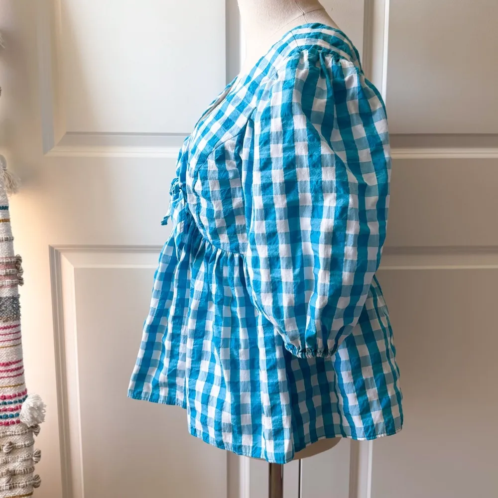 Lilly Pulitzer Sarafina Turquoise Oasis Crinkle Gingham Short Puff Sleeves Top 4 - Image 5