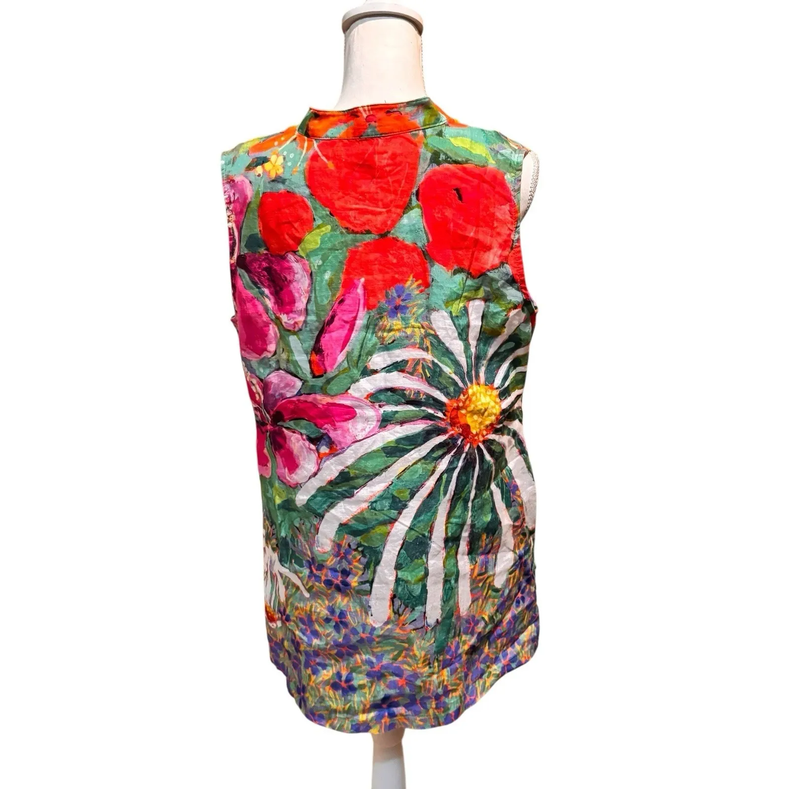 Claire Desjardins Linen Sleeveless Tunic Dress Floral Art Print Pockets Large - Image 2