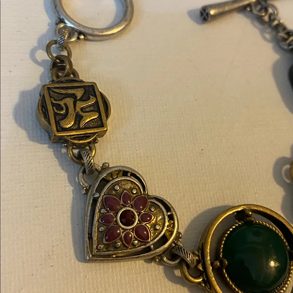 Lucky Brand Bracelet Multi Metal Brass Tone Heart Stone Green Boho Steampunk‎ - Image 2