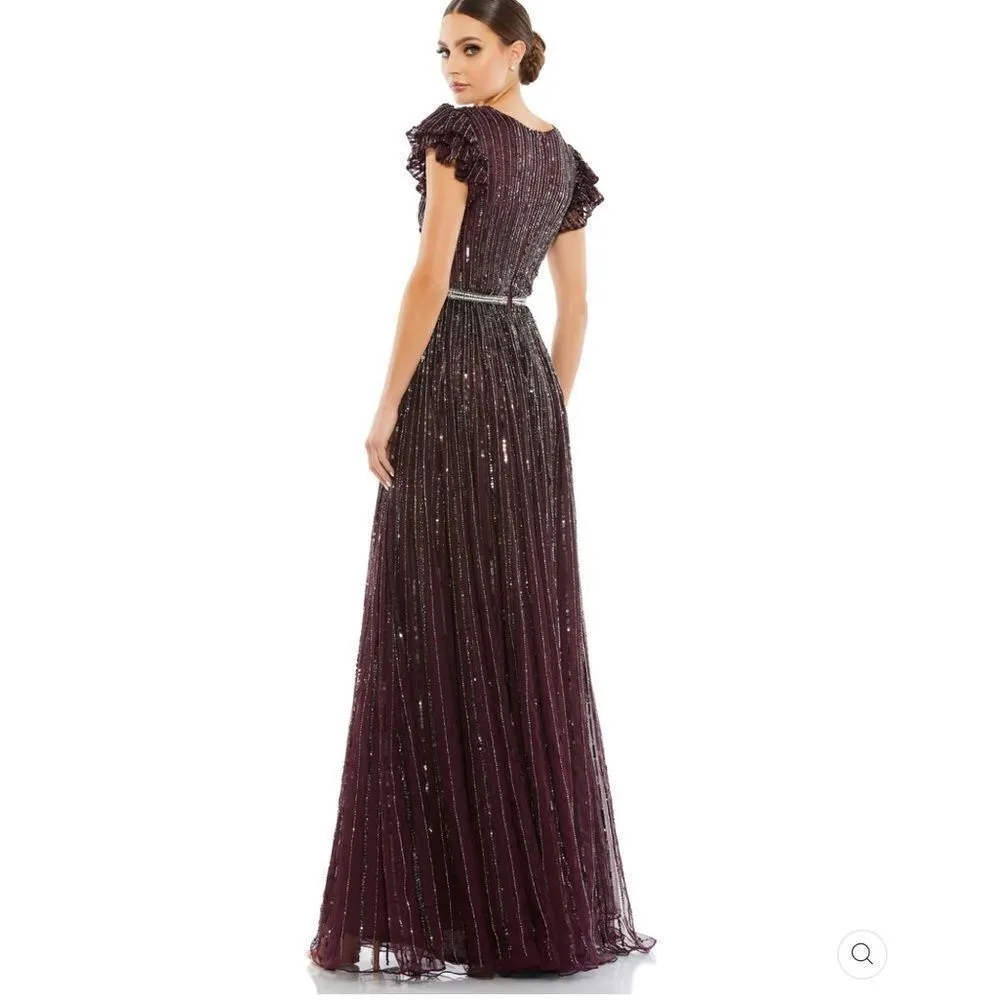 Mac Duggal Womens Purple Sequin Wrap Over Ruffle Cap Sleeve Gown Dress 5502 - Image 5