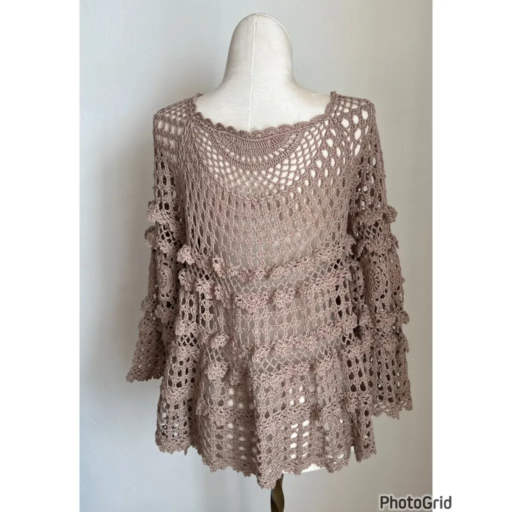 Sundance Crochet Boho Brown Taupe Top Medium - Image 3