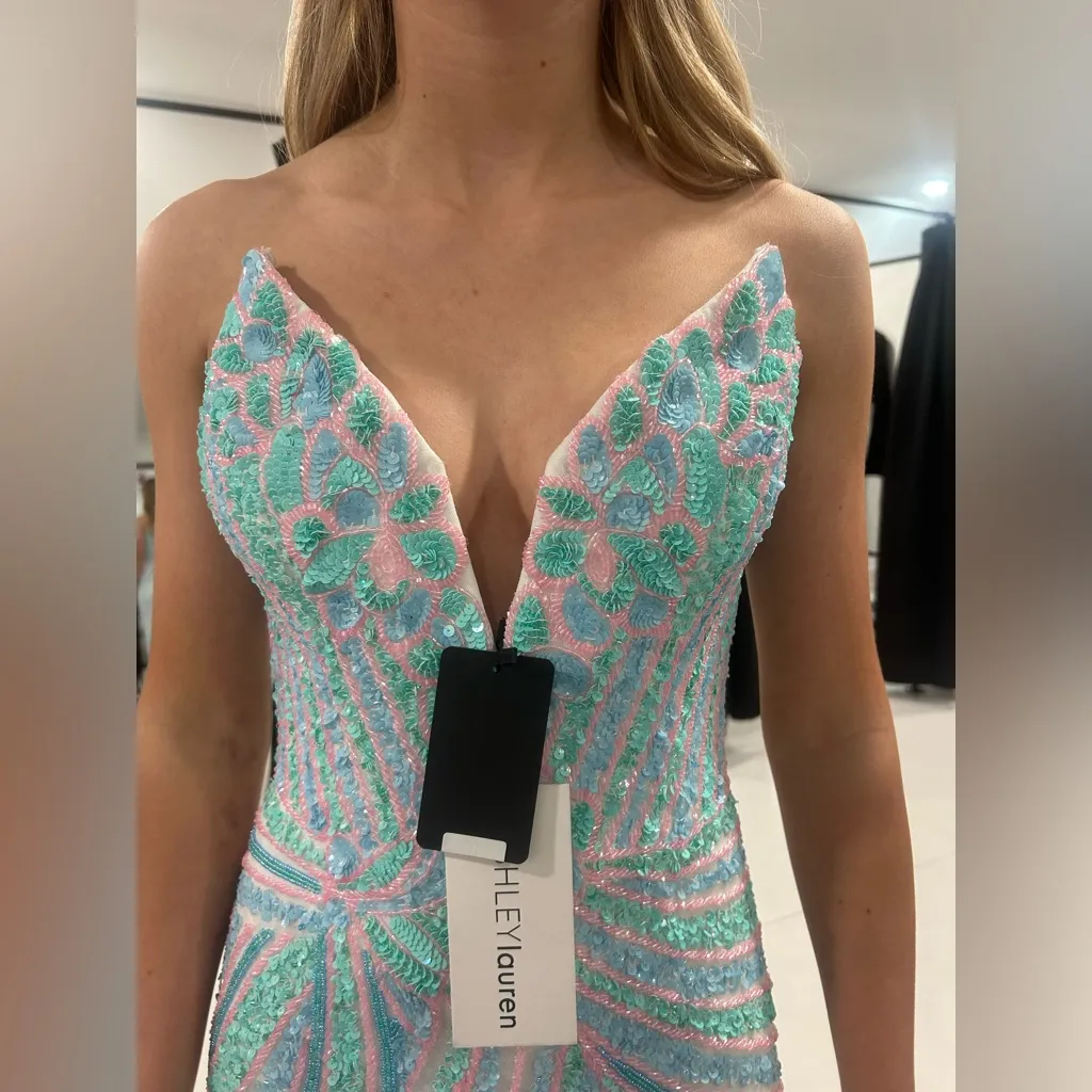 Ashley Lauren Strapless Multi/Ivory Floral Sequin Prom Dress Style 11236 - Image 5