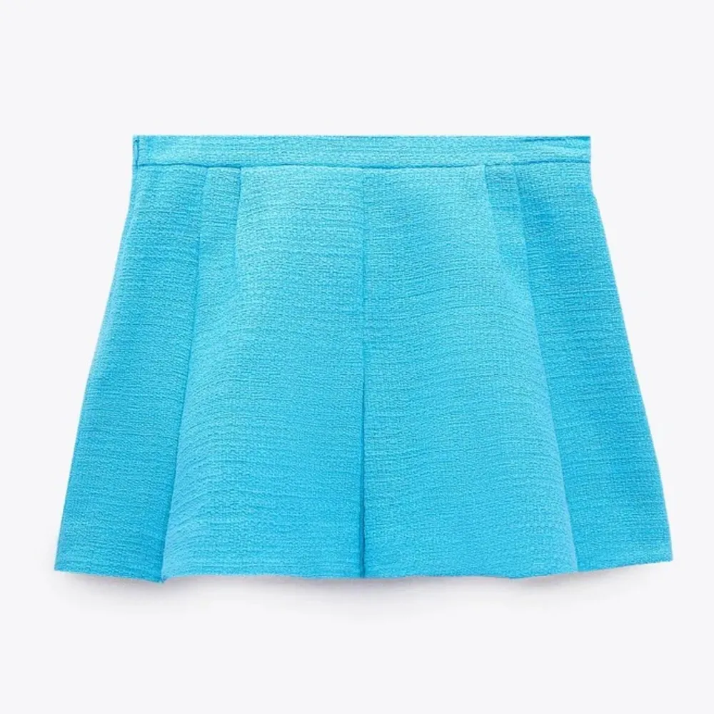 ZARA Pleated Tweed Weave Textured Mini Skirt Skort Shorts Blue S NEW - Image 15