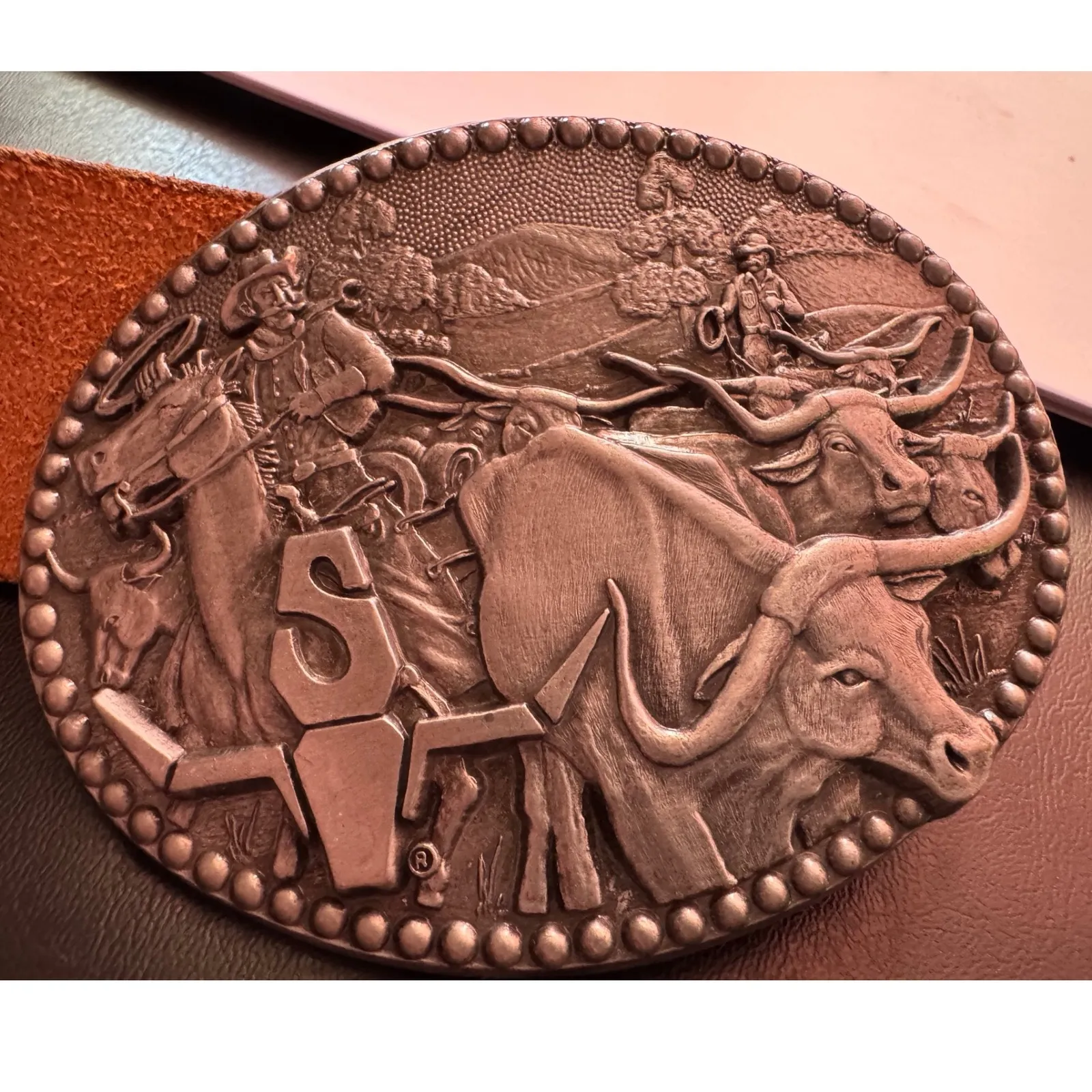 70s Vtg sz 34 Painted Mushroom Butterfly Floral Tooled Leather Belt W/Zee Buckle Brown - Image 5