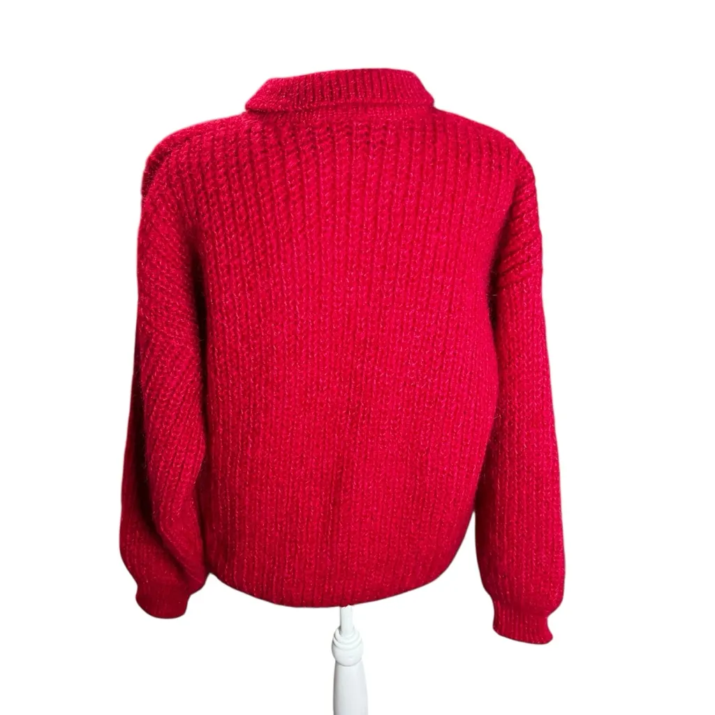 Vintage Handloomed Ireland Mohair Wool Sweater Red Chunky Knit Collared Pullover Size M - Image 4