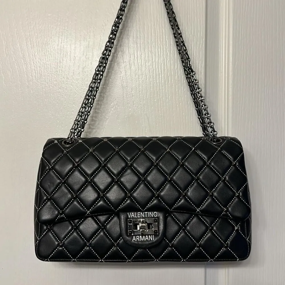 VALENTINO ARMANI Italian Lambskin Leather Pewter Chain Immaculate Silver - Image 2