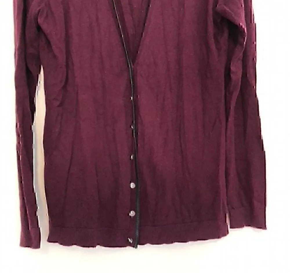 ANN TAYLOR Plum Purple Vegan Faux Leather Trim Button Down Cardigan Sweater M - Image 3