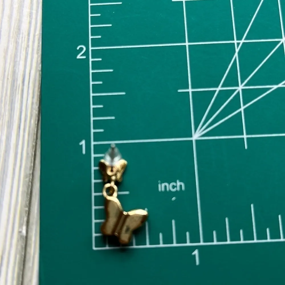 Gold Tone Butterfly Pierced Earrings with White Pearlized Center Drop Dangle - Image 7