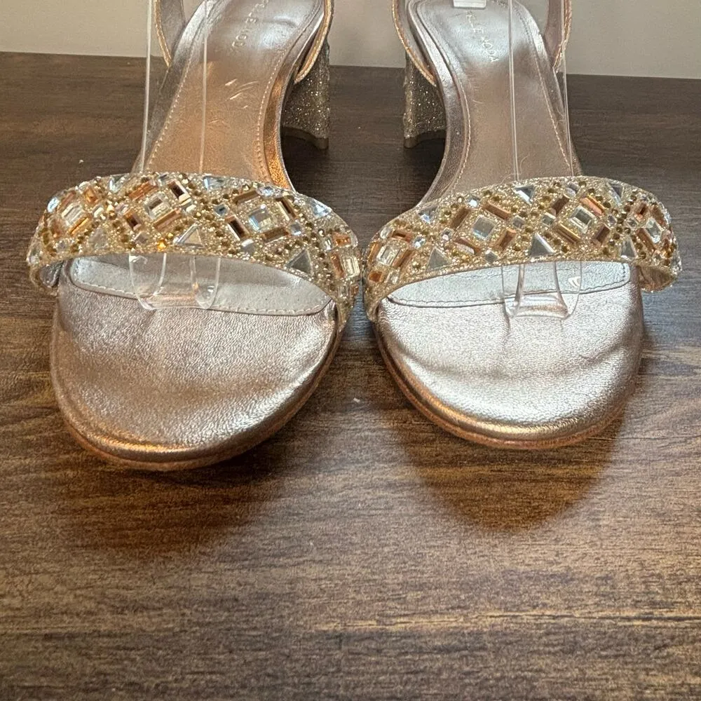 Pelle Moda Gold Glitter & Rhinestone Embellished Block Heel Sandal - Image 2