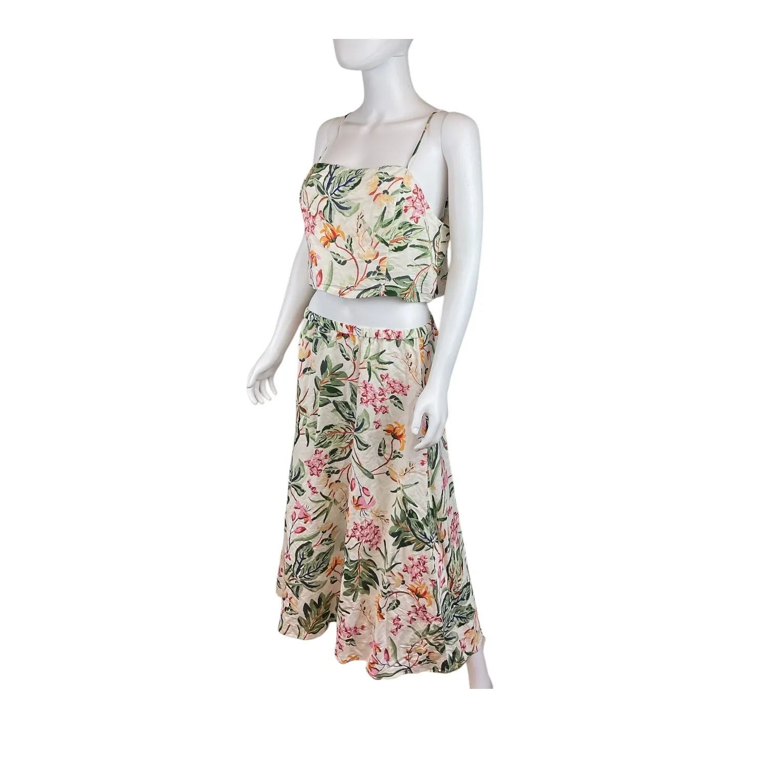 H M Linen Blend Floral Crop Top Maxi Skirt Set Size L - Image 2