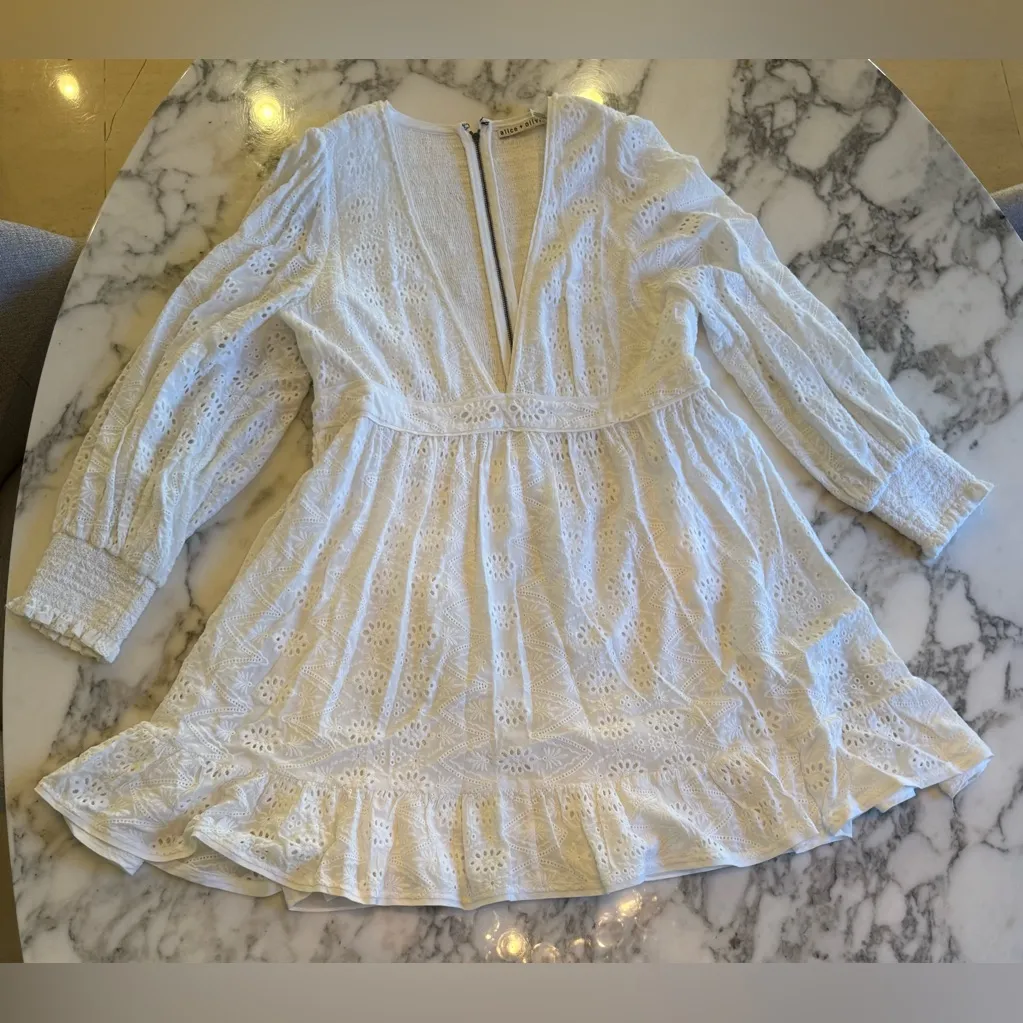 EUC Alice + Olivia Marita Mini Dress in Off White 14 Embroidered floral eyelet - Image 4