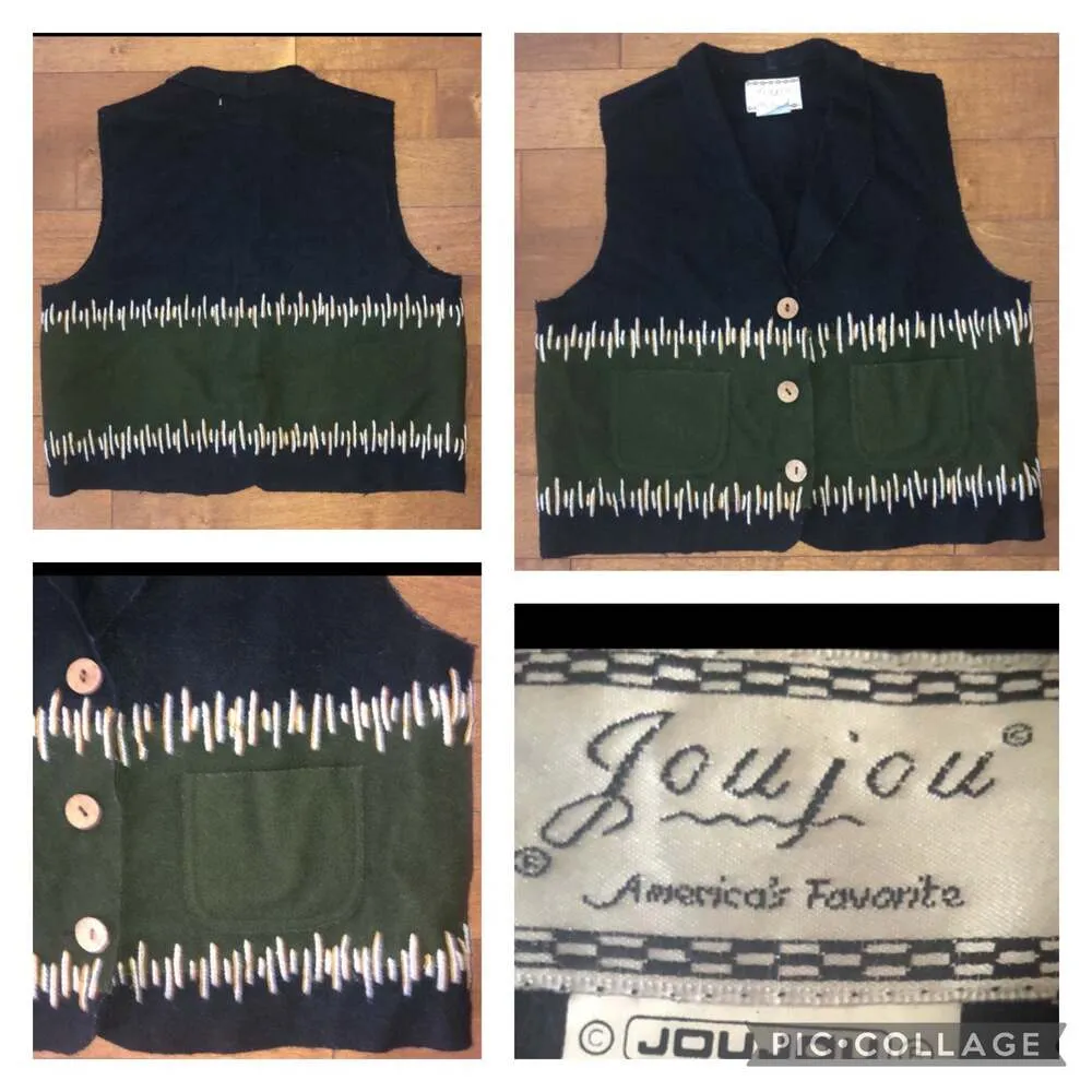Vintage JouJou Black & Green Wool Vest, collar Camel & Cream Blanket size small Size M - Image 2