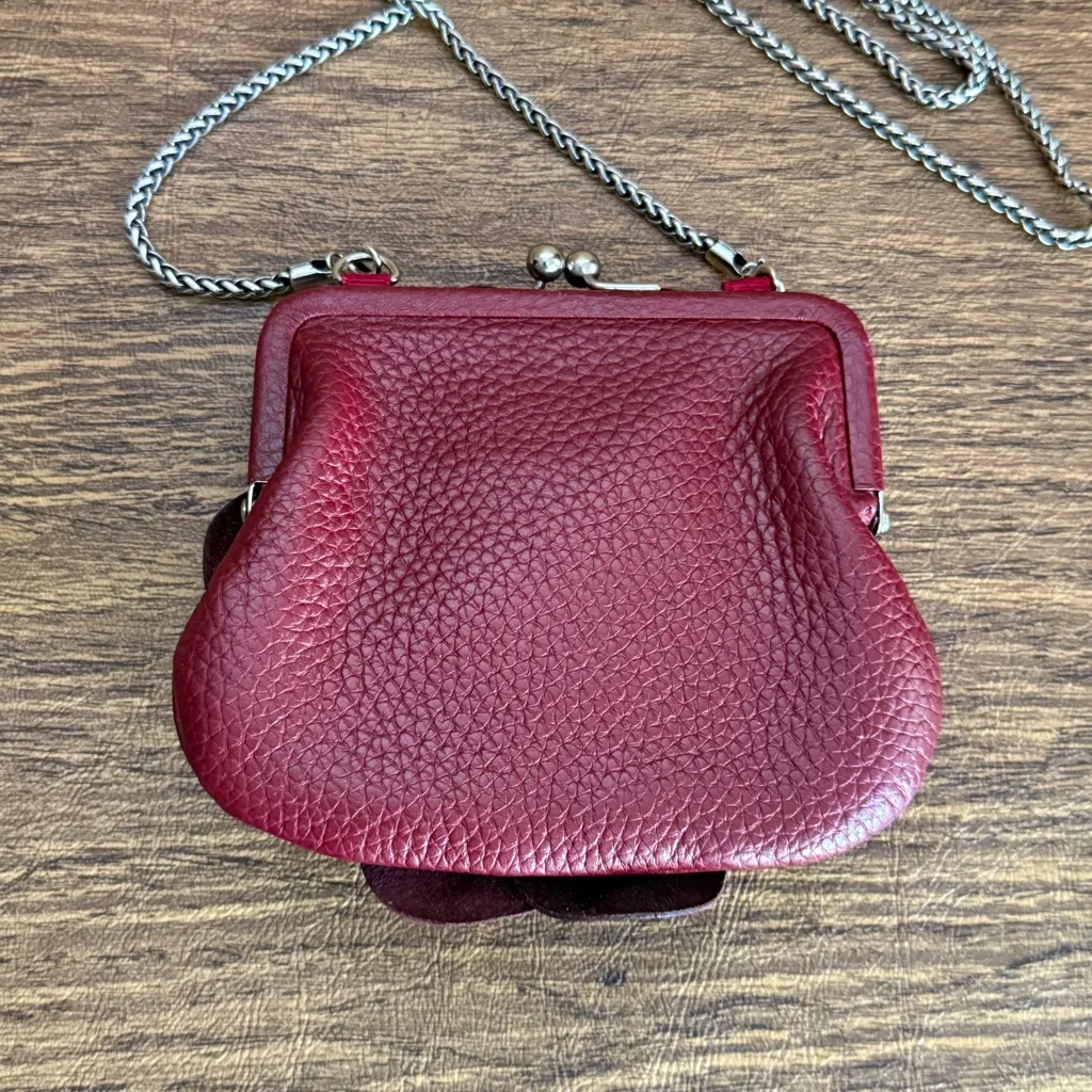 Brighton Rosalie‎ 3D Flower Red Leather Kiss Lock Coin Purse Crossbody Mini Bag - Image 4