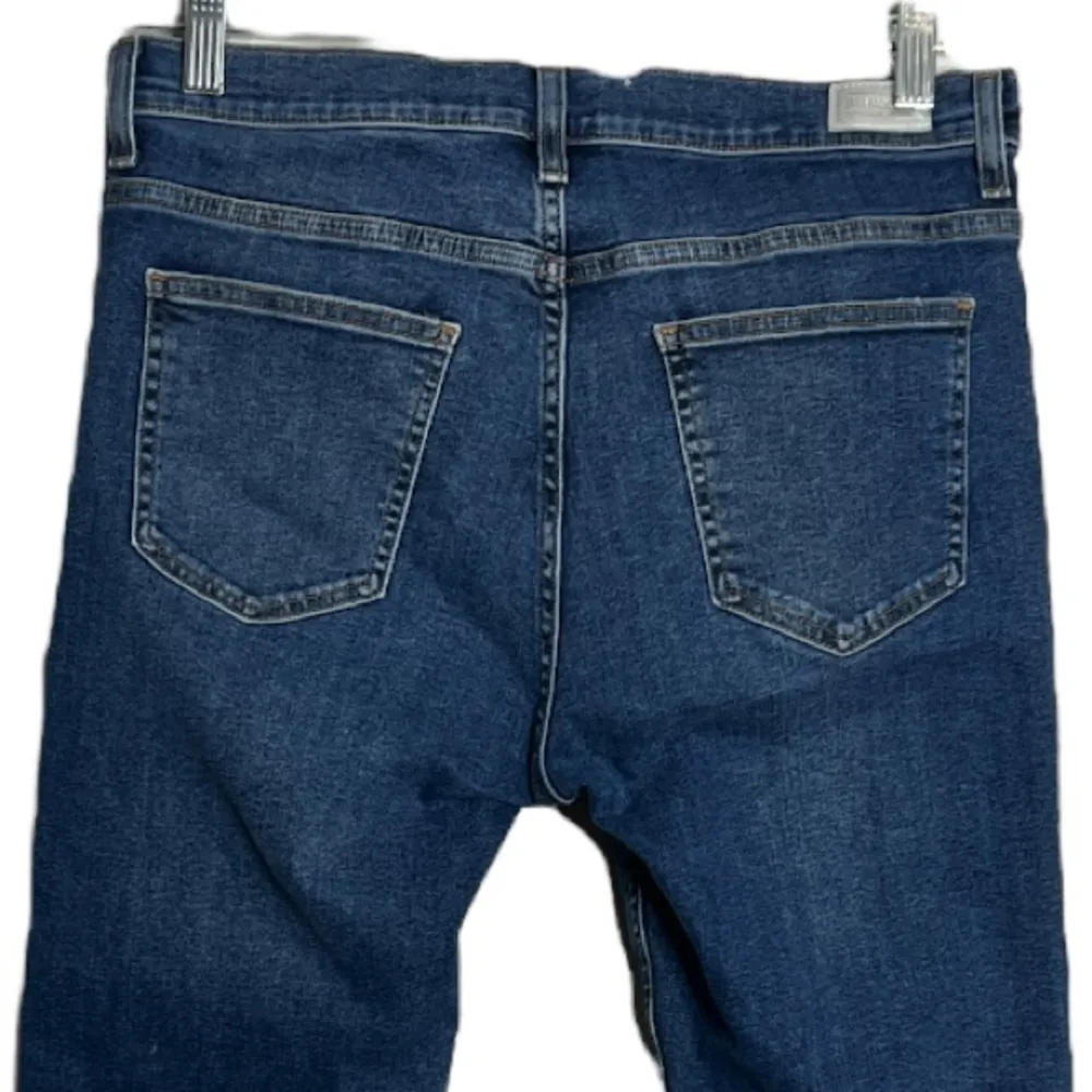 Zara Basic Fun Denim Crop Jeans Blue Medium Wash Pom Pom Metallic Band Trim Hems - Image 4