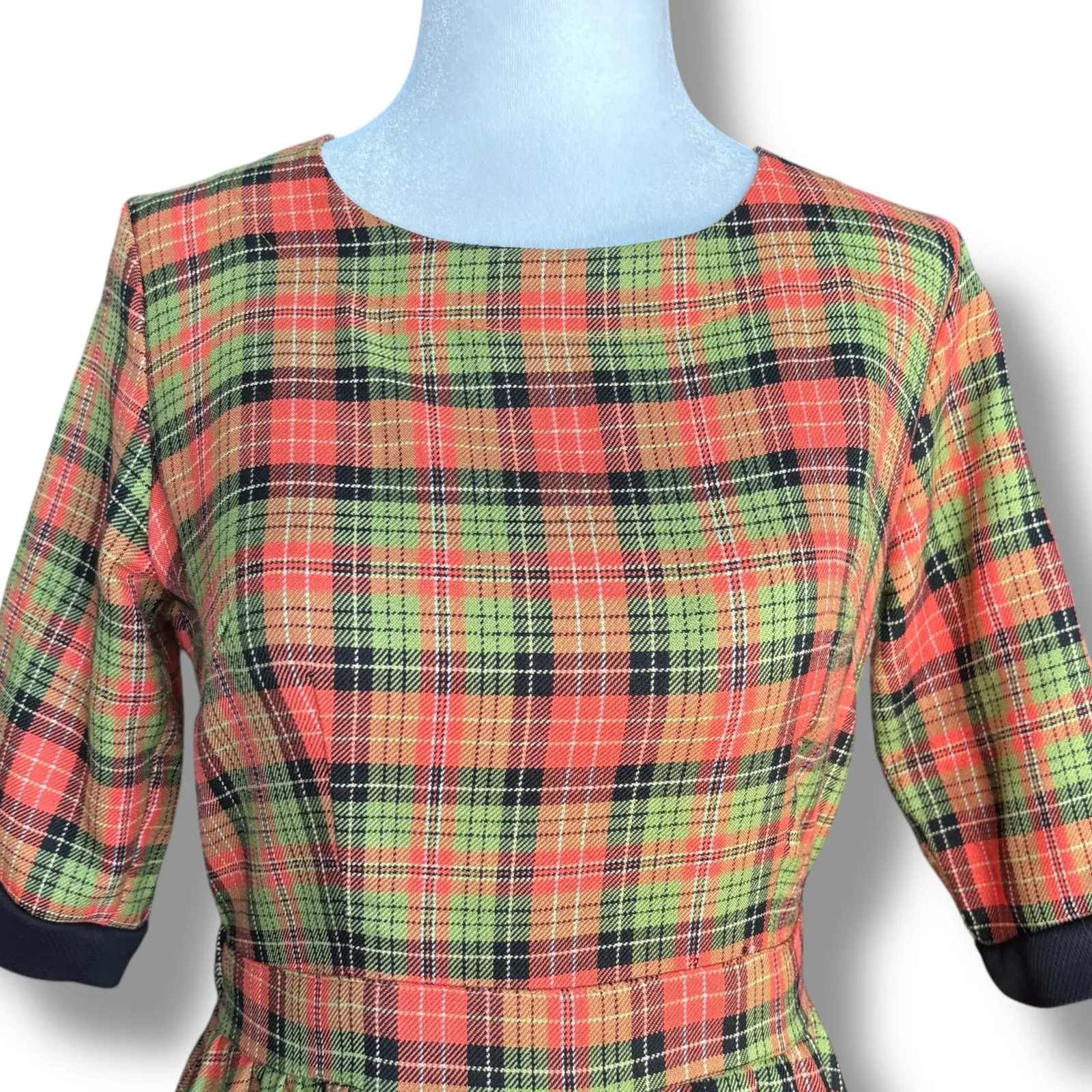 Retrolicious Orange Green Plaid Fit & Flare Dress With Pockets Size Small Retro - Image 1