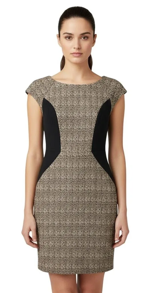 Eva Franco Tweed Sheath Cap Sleeve Dress Size 4 Black Side Panels Brown - Image 1