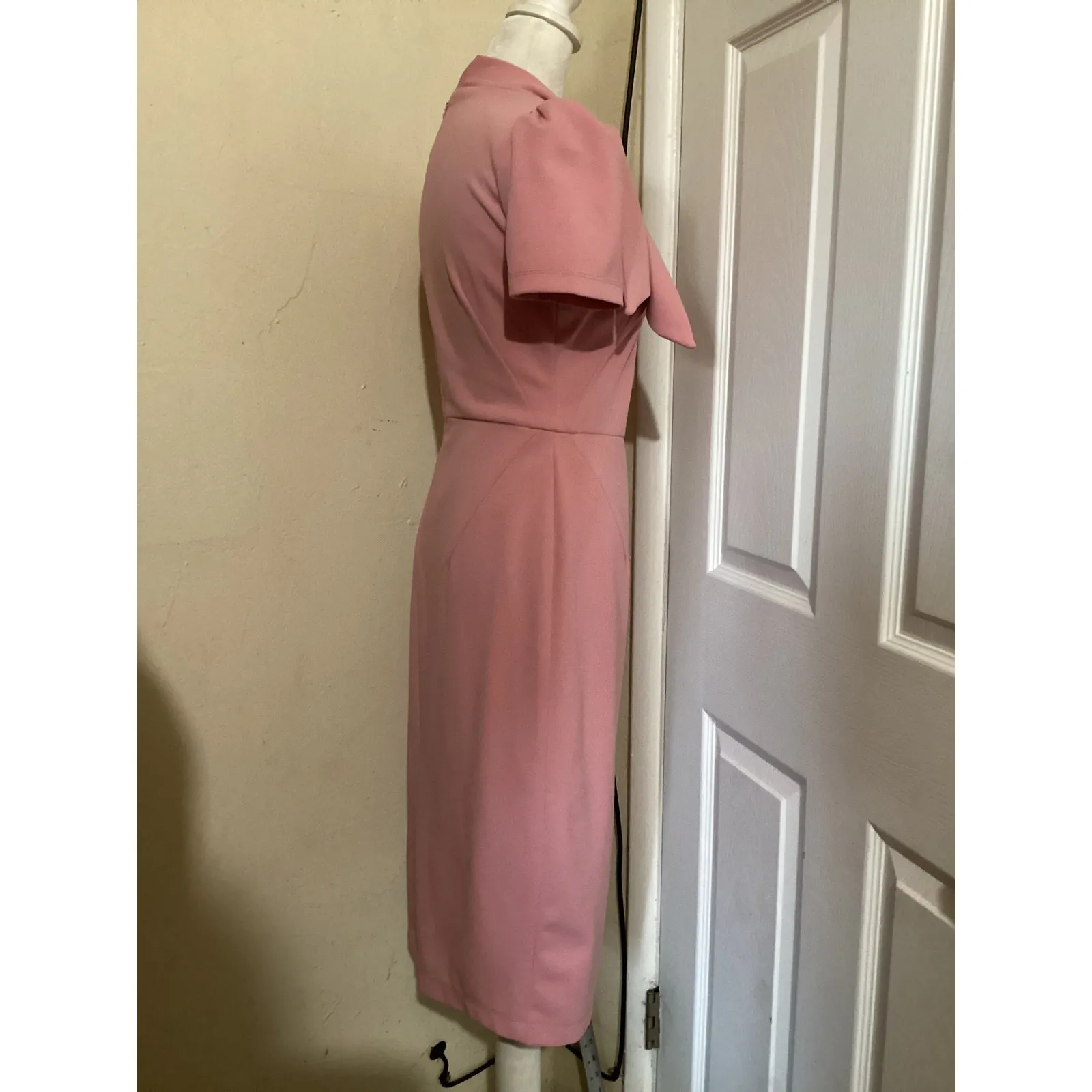 Maggy London Pink Bow Neck Puff Sleeve Sheath Dress Classic Elegant - Image 3