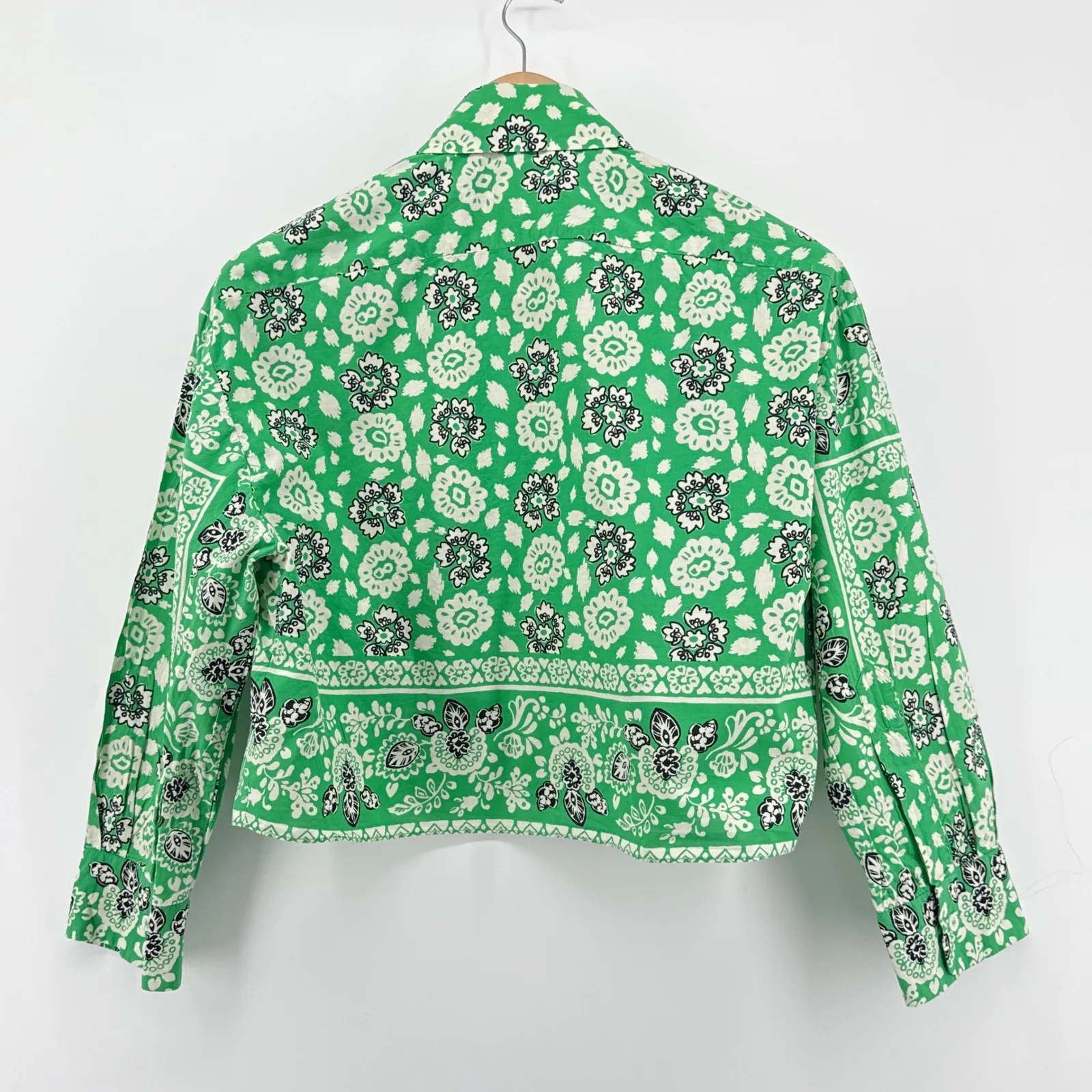 Zara Green Floral Print Cropped Cotton Button Up Shirt Blouse Women XS Oversized - Image 6