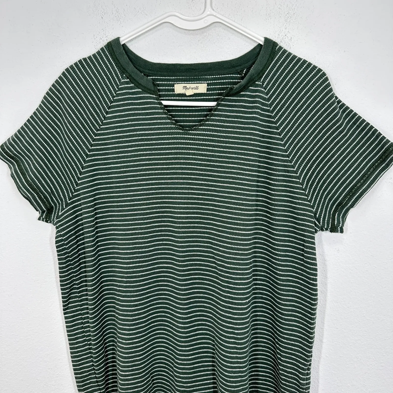 Madewell Splitneck Raglan-Sleeve Striped Henley V Neck Short Sleeve Shirt Green - Image 3