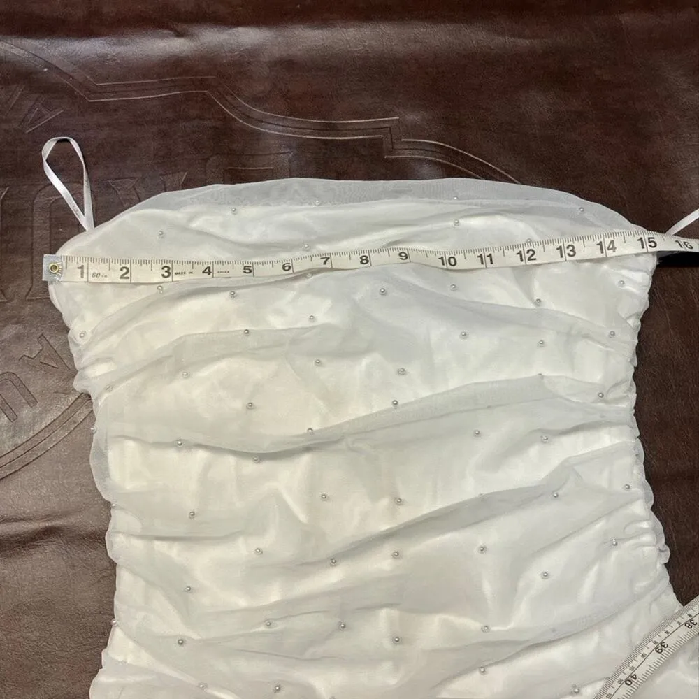 Lulus Flirty Glamour White Mesh Pearl Strapless Crop Top Juniors XL Stretchy - Image 11