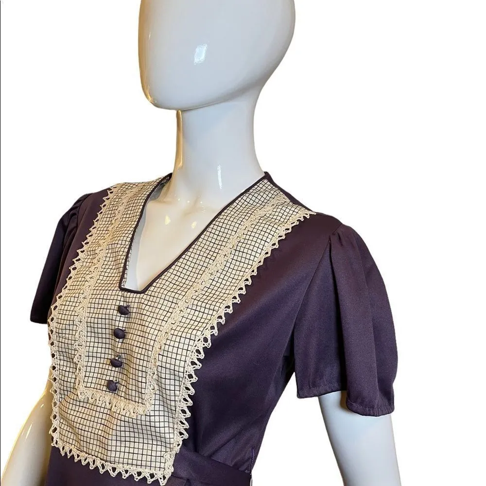 Vintage 1970s Crochet Plaid Short Sleeve Purple Dress Size M - Image 13