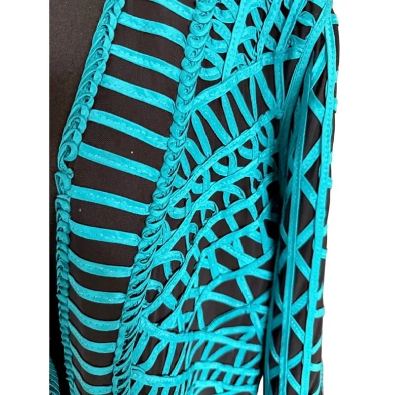Chico’s Travelers Turquoise Embroidered Mesh Jacket Cardigan – Size 3 - Image 3