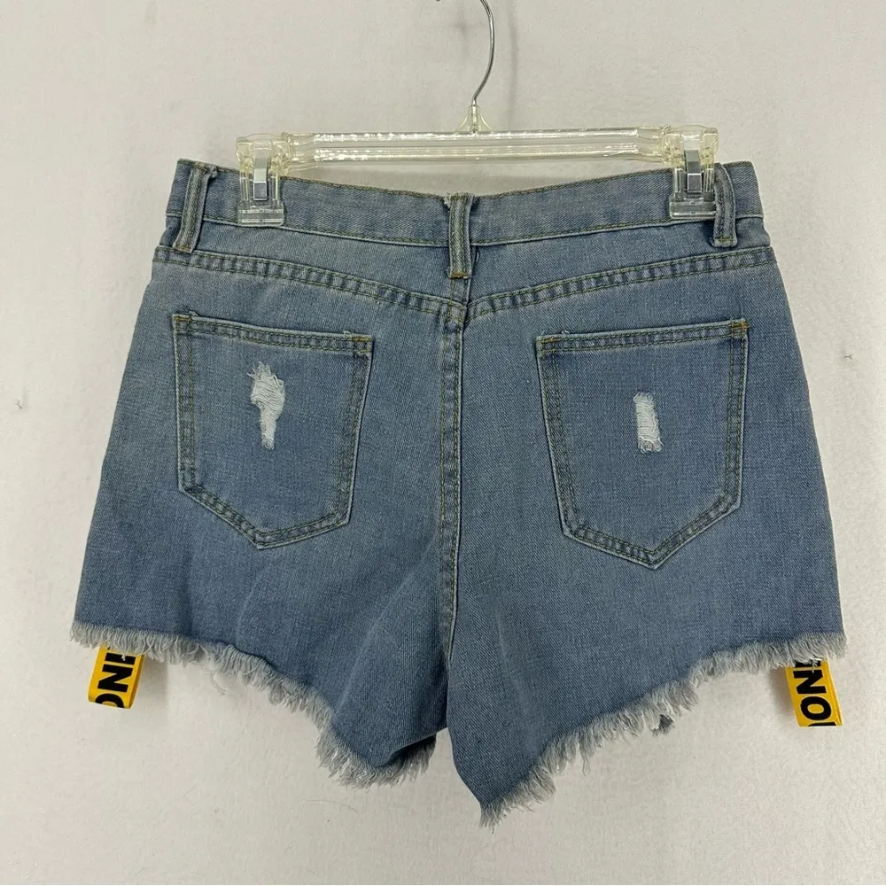 Denim High Waist Jean Shorts Light Wash Yellow Stripe Womans M Blue Size M - Image 6