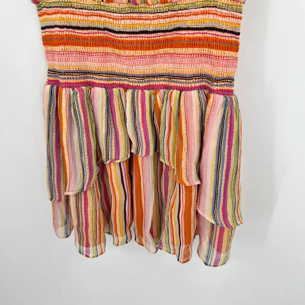 Ramy Brook Tobie Striped Smocked Waist Sleeveless Orange Silk Mini Dress Small - Image 8