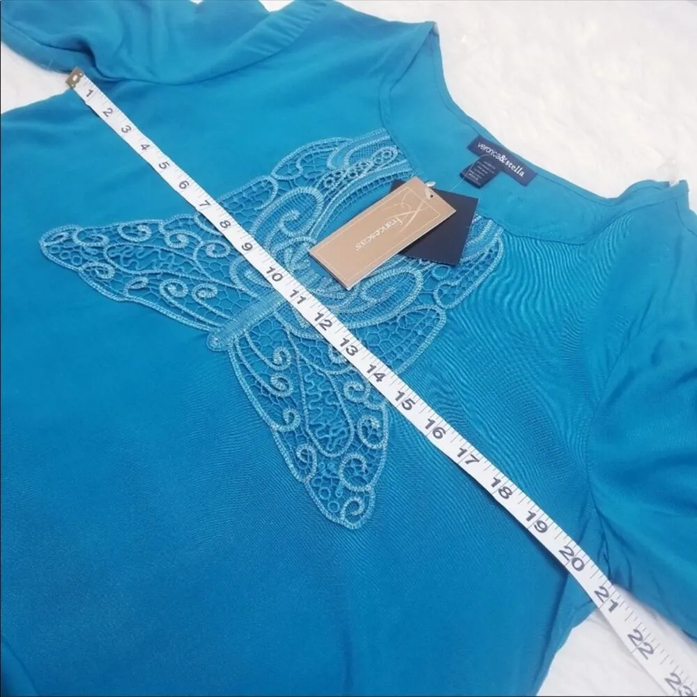 Veronica & Stella Teal Embroidered Keyhole Top Coastal Grandma Bohemian Blue Size M - Image 5