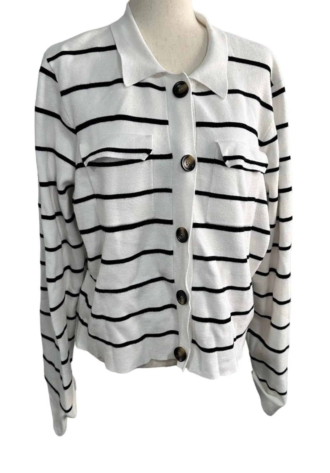 Tahari Size XL White Black Stripe Cropped Boxy Thin Sweater Business Chic Classy - Image 1
