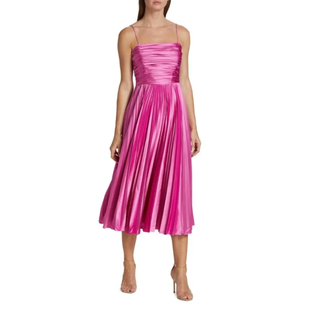 New AMUR Heba Pleated Satin Midi Dress Pink Square Neck A - Image 3