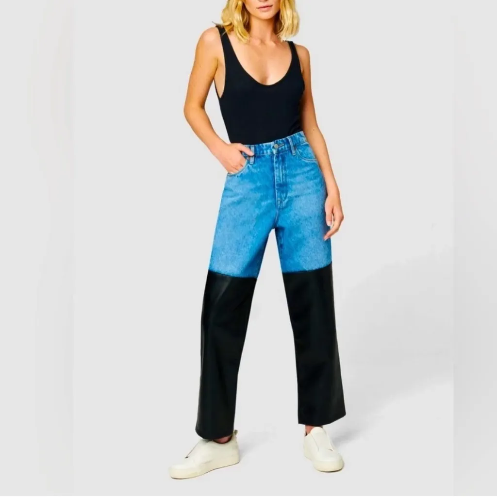 Blank NYC Jeans Womens 26 Blue Baxter Wide Leg Rib Cage Moto Faux Leather Biker - Image 3