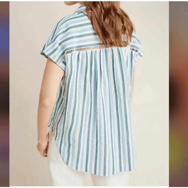 Pilcro Anthropologie the Serena surf Henley blouse striped print button down box - Image 9