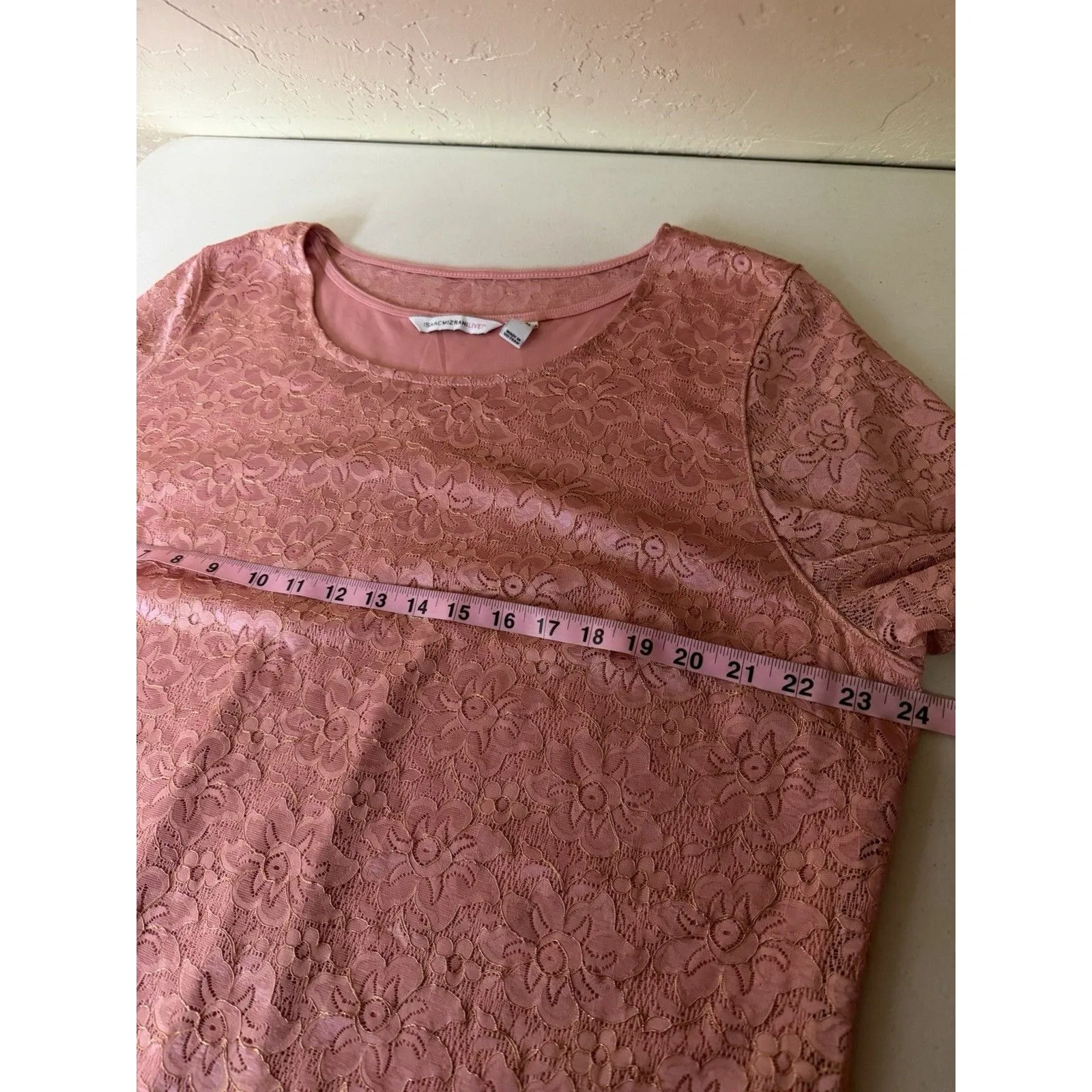 Isaac Mizrahi Live Top XL Pink Floral Lace Built In Tank Sheer Bell Sleeves - Image 5
