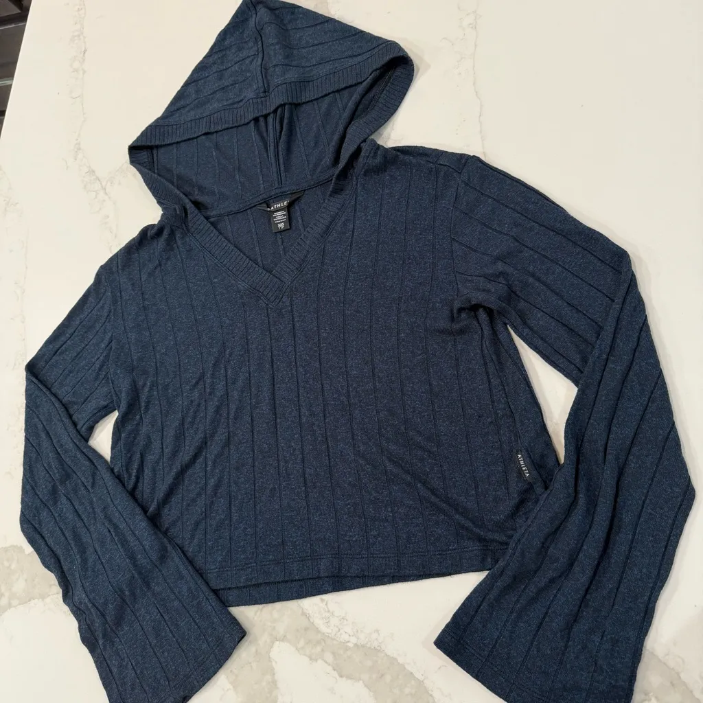 Athleta Harmony Pose Hooded V-Neck Crop Sweater Bell Sleeve Womens XXS Navy Blue - Image 2