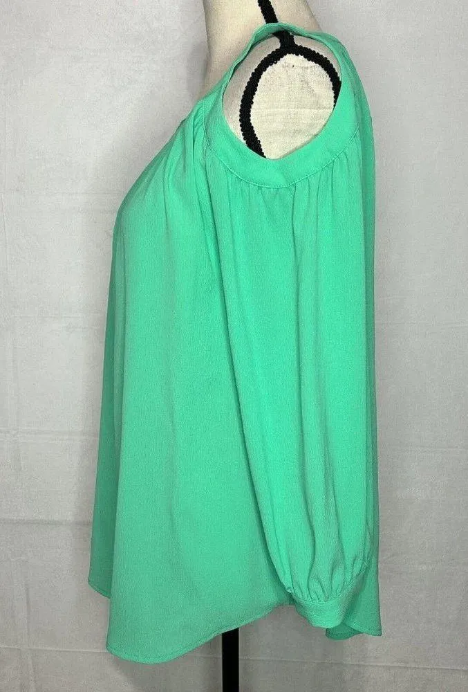 Kaari Blue Green Tie Neck 3/4 Sleeve Cold Shoulder Top Blouse Size M - Image 4