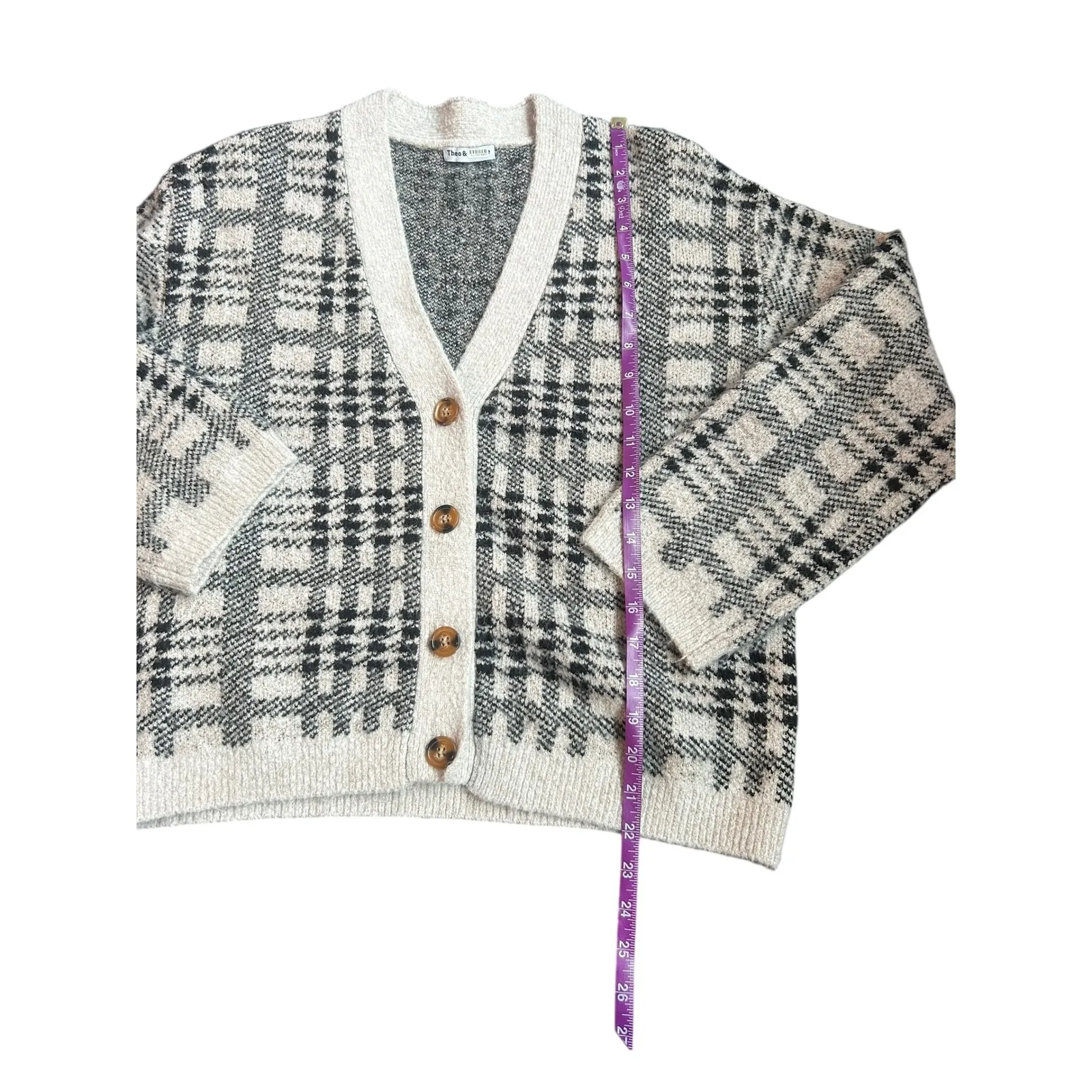 Theo & Spence Plaid Grandpa Cardigan Knit Sweater Women's Beige Black Size Large Tan - Image 6