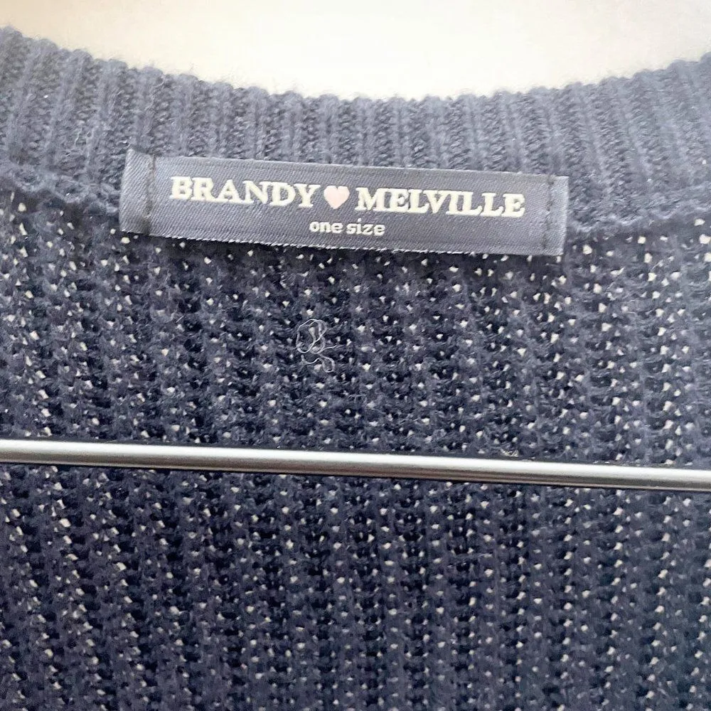 Brandy Melville Ribbed Knit V Neck Pullover Sweater Cotton Navy Blue - Image 5
