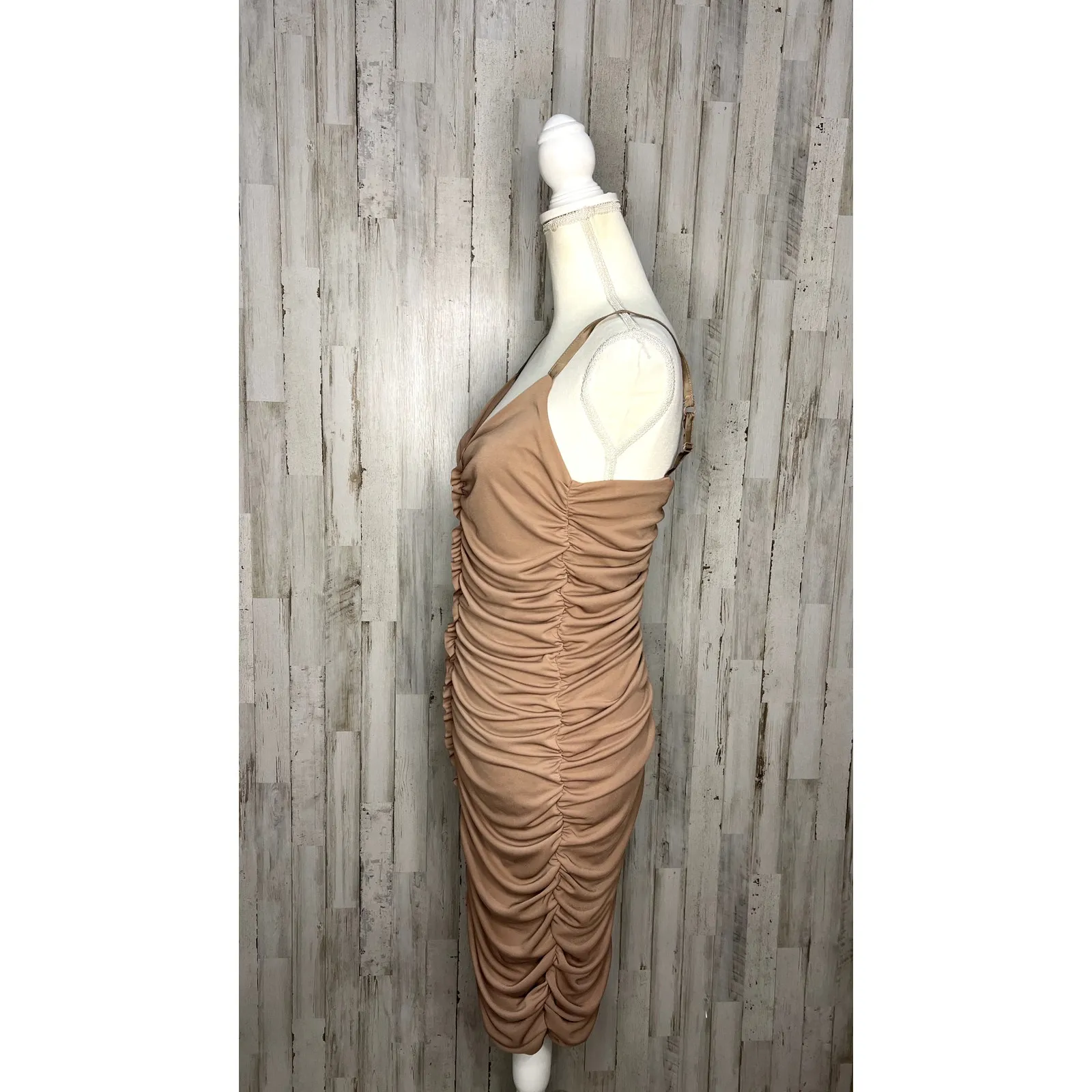 NWT New York & Co Women's Brown Ruched‎ Bodycon Dress Size Small Party Cocktail Tan - Image 5