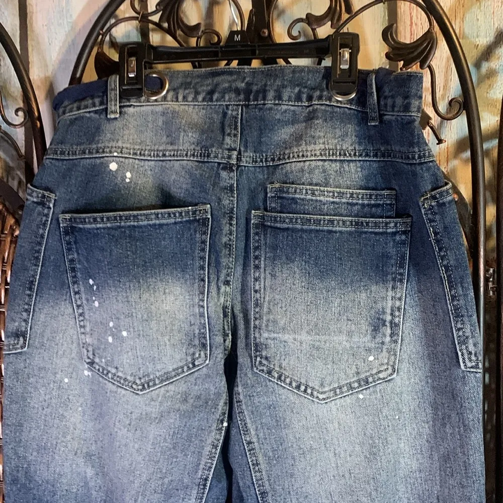 NWT Flamingals Paint Splatter Grommet Waist Jeans Size L Blue - Image 6