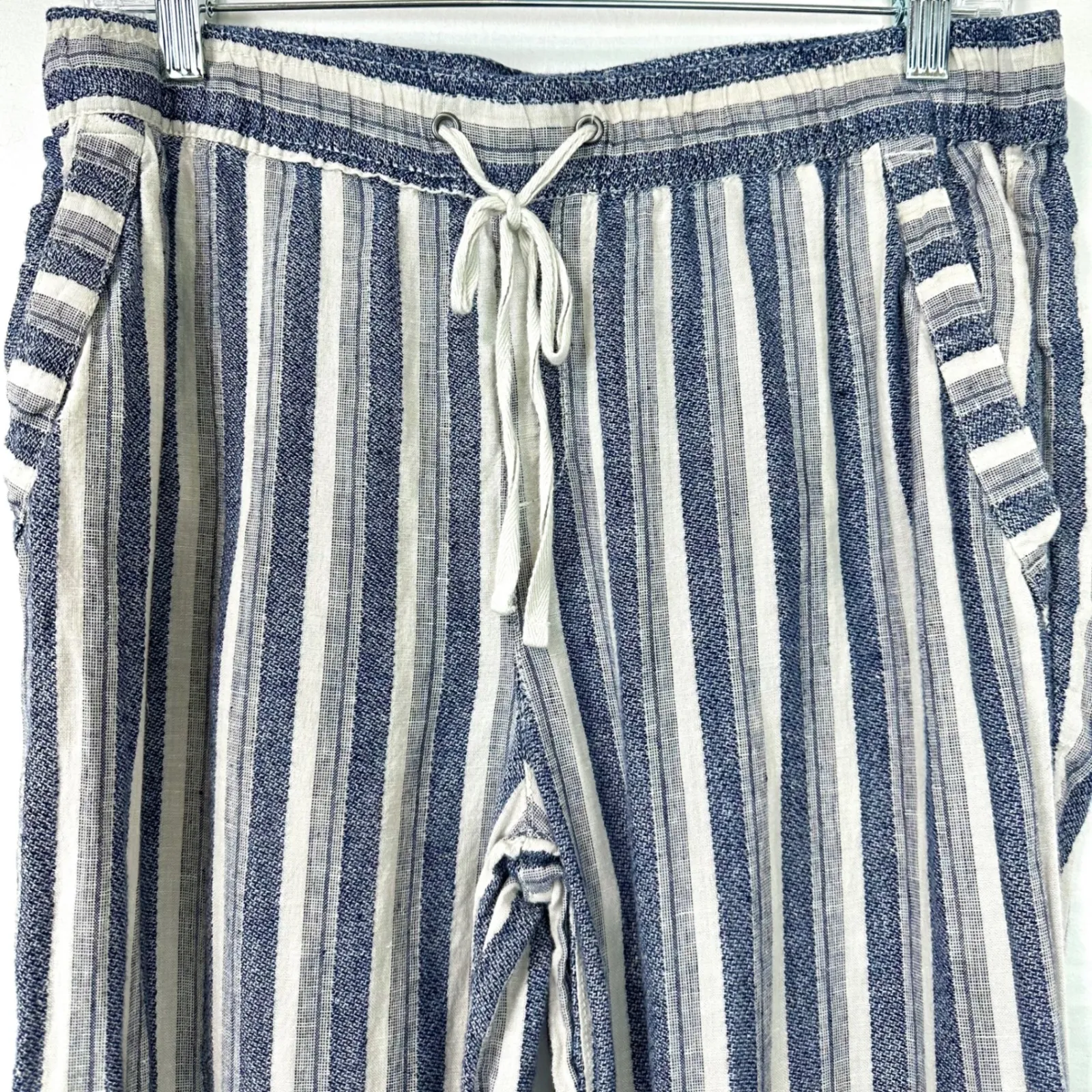 ARTISAN NY 100% Linen Blue Cream Striped Pants Women's M Nautical Coastal Beach - Image 2