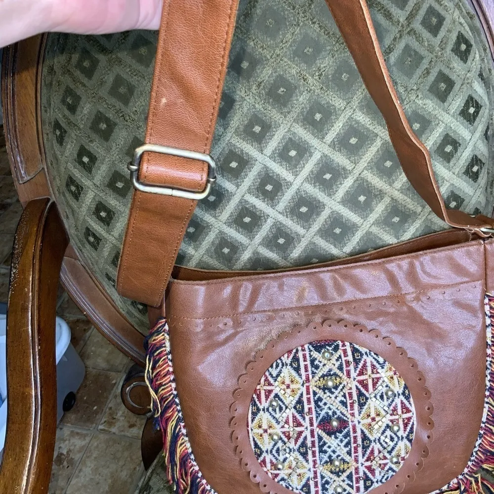 Raj Dark Caramel Tan Hobo Shoulder Strap Fringe Embroidery Beads Boho Hippie Bag - Image 5