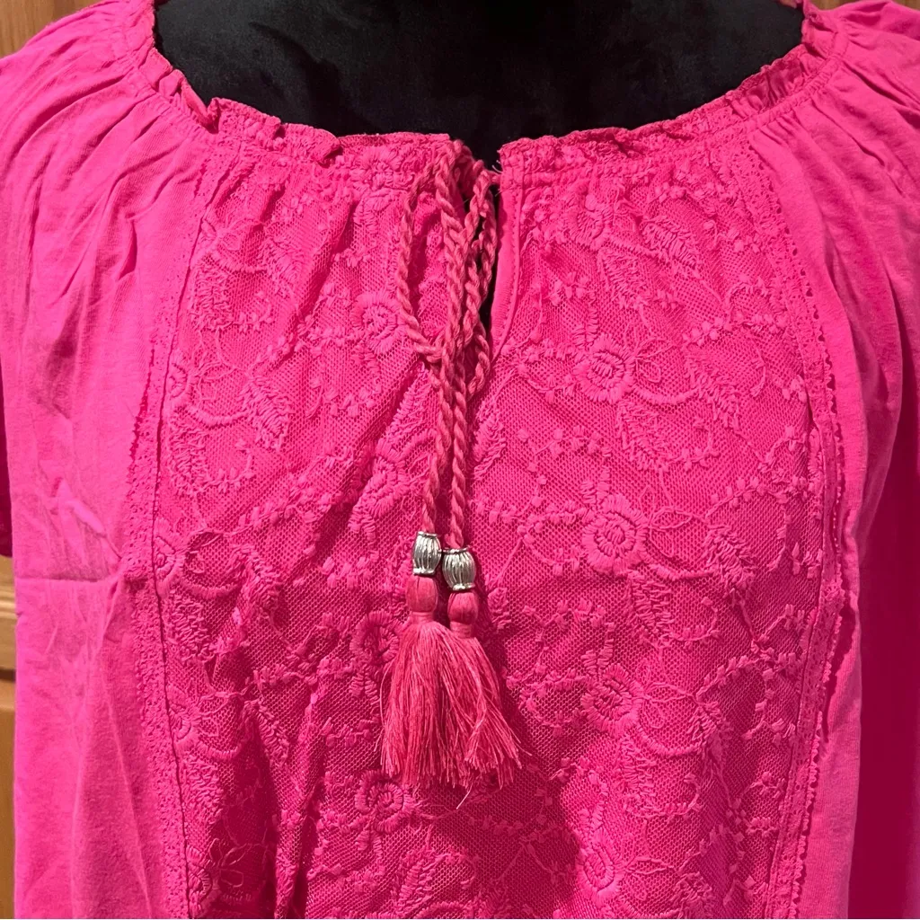 Macy's Style &‎ Co. Floral Lace Tassle Tie Puff-Sleeve Peasant Top Pink Size XL - Image 2