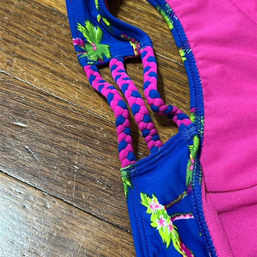 Hollister Women’s Cheeky Fit Blue and Pink Floral Bikini, Large - Image 6