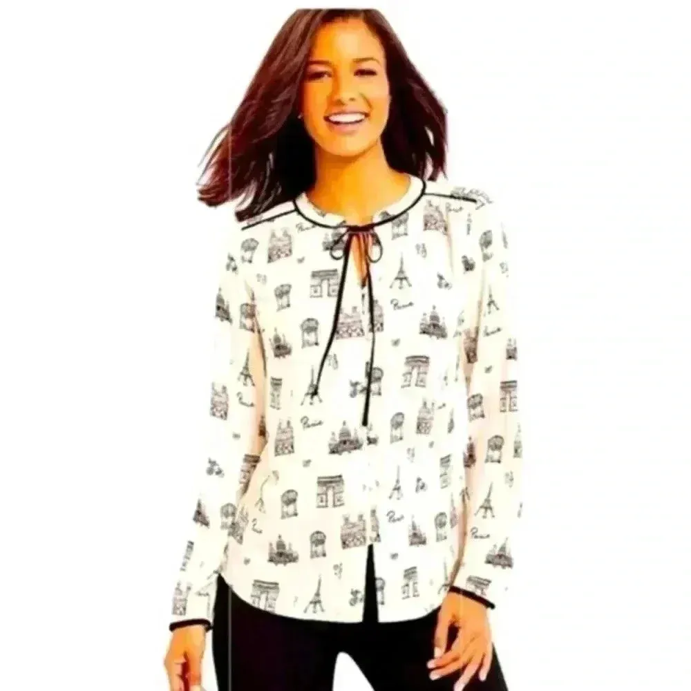 Talbots Paris Print Tie Front Blouse Ivory and Black Small Petite - Image 2
