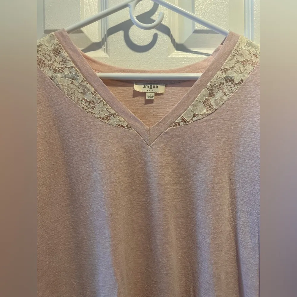 Umgee Womens Lace Boho Tunic Top Pink Cream 3/4 Sleeve V-Neck - Image 5