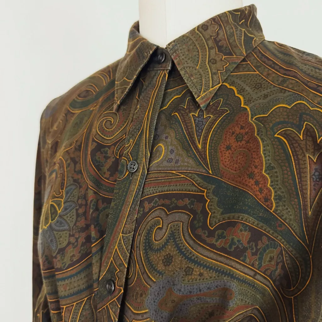 Vintage 90’s Ralph Lauren Button-Down Paisley Blouse in Brown and Olive | Size L - Image 7