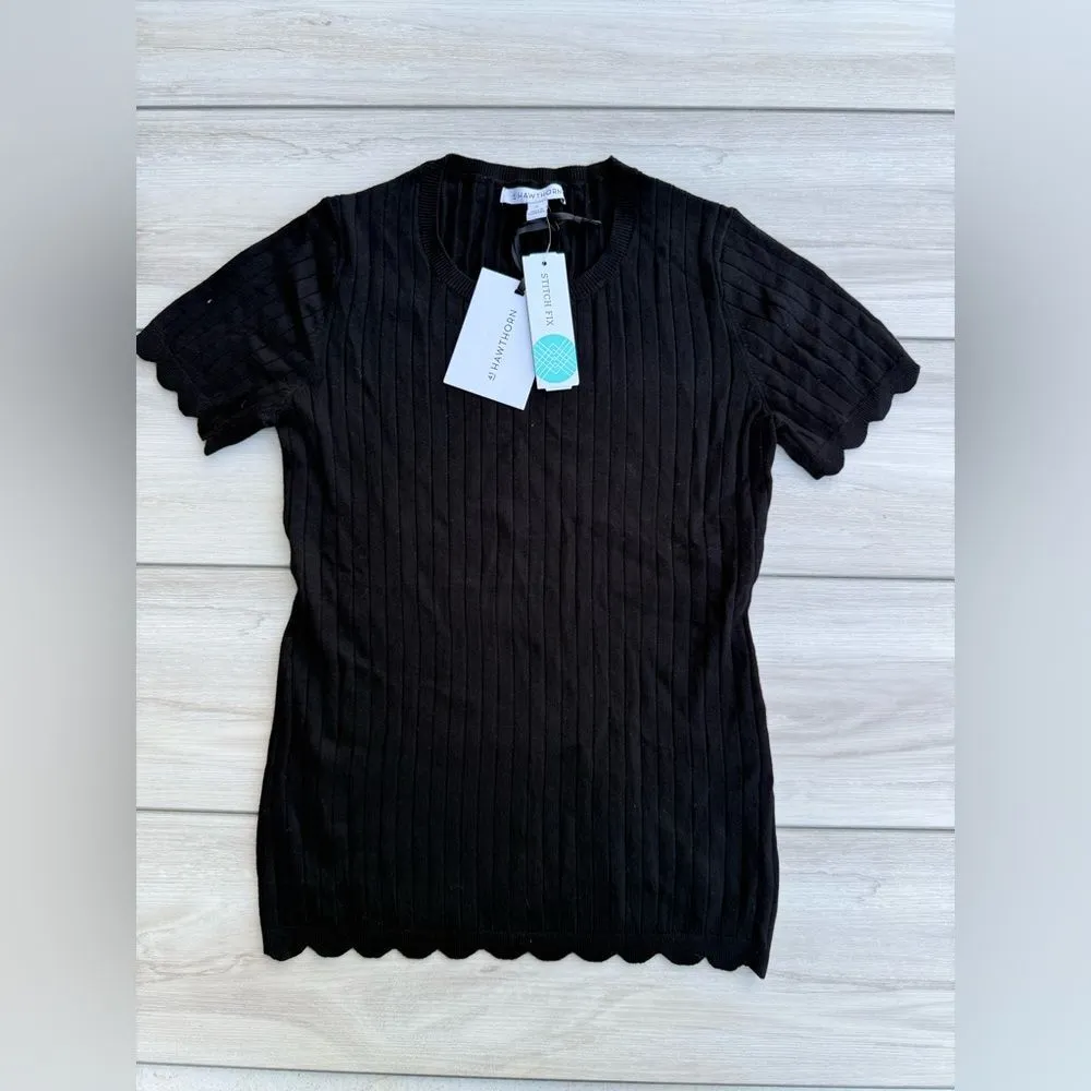 41 Hawthorn Kelsey Scallop Rib Short Sleeve Sweater Black XS NWT STITCH FIX - Image 5